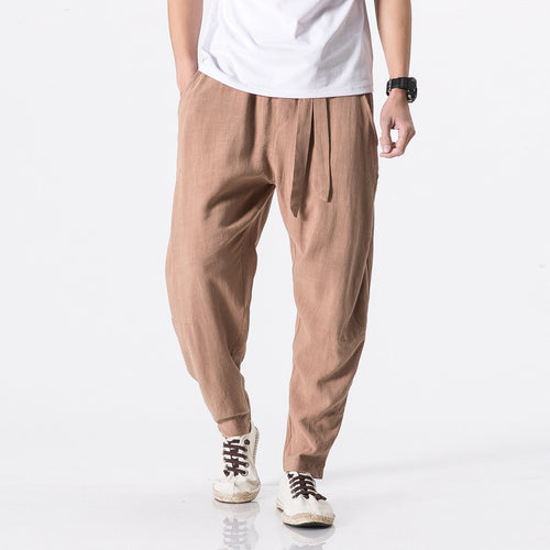 Herren nan entspannte Leinen-Baumwoll Harem-Joggerhose mit verdecktem Tunnelzug und tapered Bein Drune