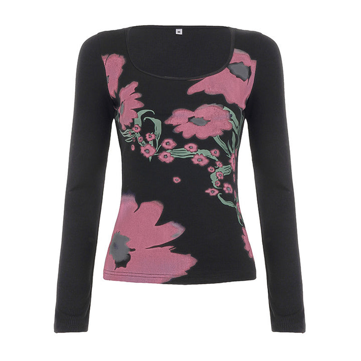 Damen Figurnahes Ripp-Langarmshirt mit U-Boot-Ausschnitt und abstraktem Blumenprint Drune