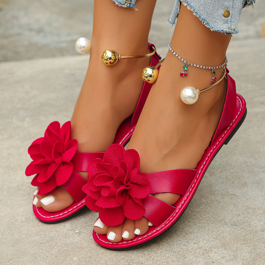 Damen Blumensandalen mit großer 3D-Blütenapplikation und Slingback Drune
