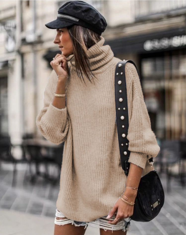 Damen Grobstrickpullover mit hohem Kragen und eleganten Knopfdetails Drune