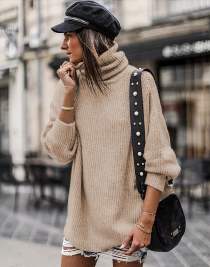 Damen Grobstrickpullover mit hohem Kragen und eleganten Knopfdetails Drune