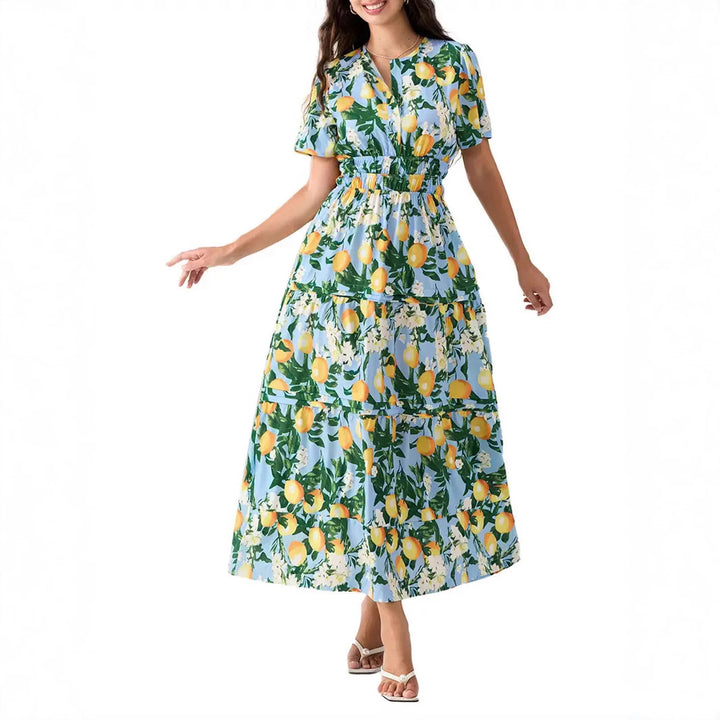 Damen Langes Wickelkleid mit elastischem Taillenzug und stilvollem Muster Drune