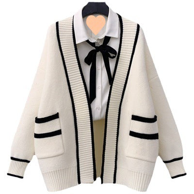 Damen lässiger Strickjacke mit großen Taschen und Kontrastdetails Drune