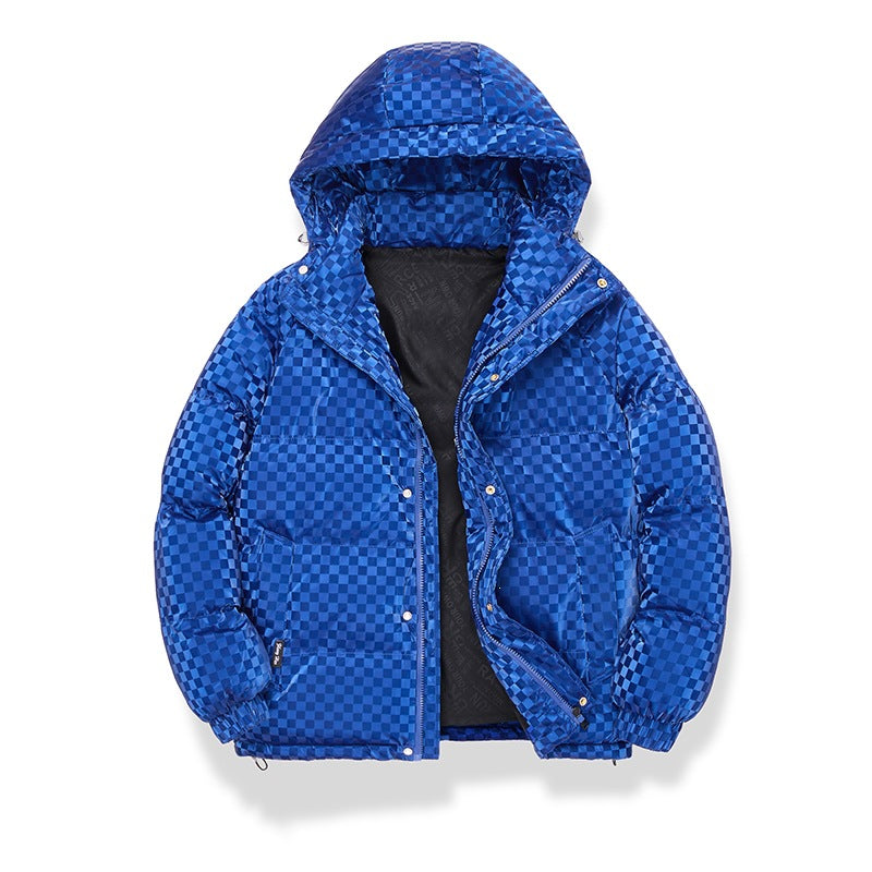Herren Hochglänzende gesteppte Thermojacke mit Kapuze & Karo‑Struktur Drune