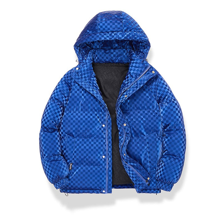 Herren Hochglänzende gesteppte Thermojacke mit Kapuze & Karo‑Struktur Drune