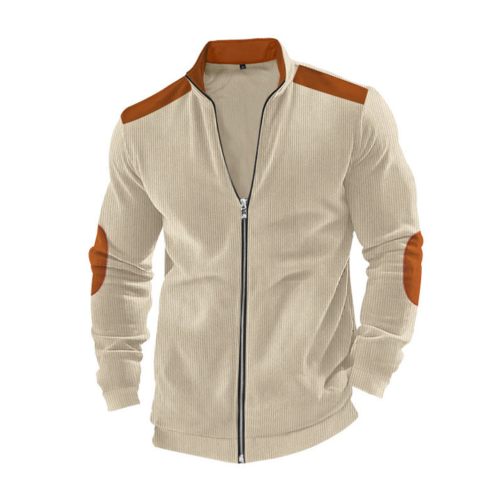 Herren nan Cordjacke mit Reißverschluss Stehkragen und Ellbogen-Patches Drune