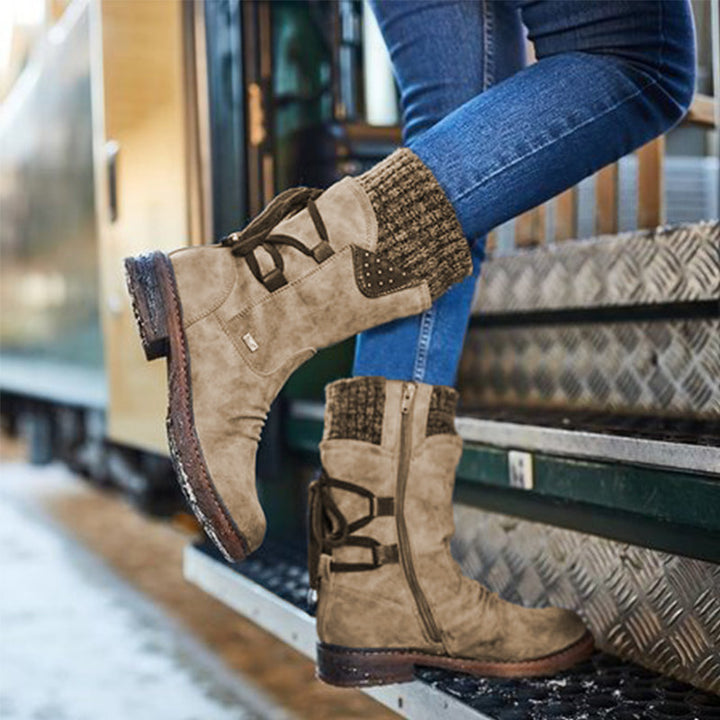 Damen Winterliche Kurzschaft-Stiefelette mit Strickmanschette, Zierkordel und Veloursoptik Drune