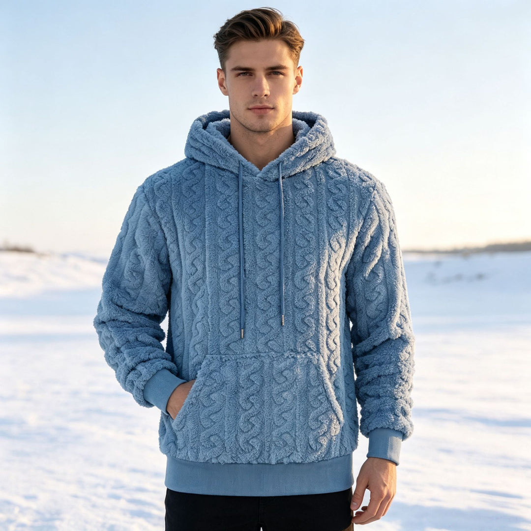 Herren Sherpa-Kapuzenpullover mit Zopfmuster, Kängurutasche und Rippbündchen Drune