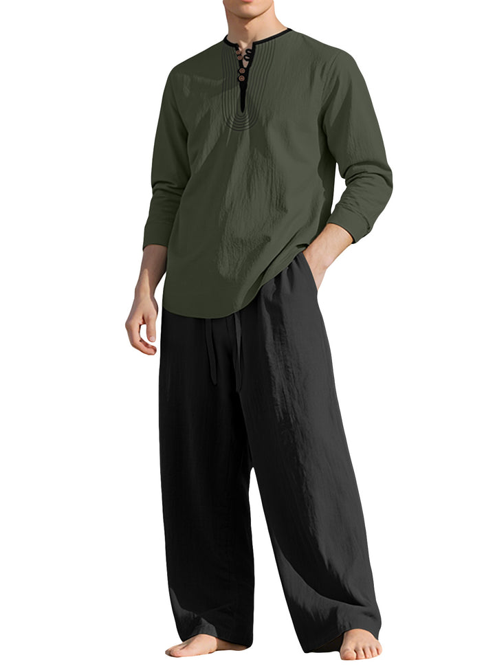 Herren nan Tunika- und Palazzohose-Set mit Henley-Blende, Zierstickerei und weitem Schnitt Drune