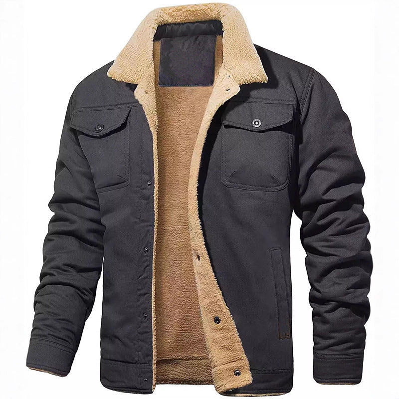 Herren Sherpa-gefütterte Canvas-Truckerjacke mit Brusttaschen Drune