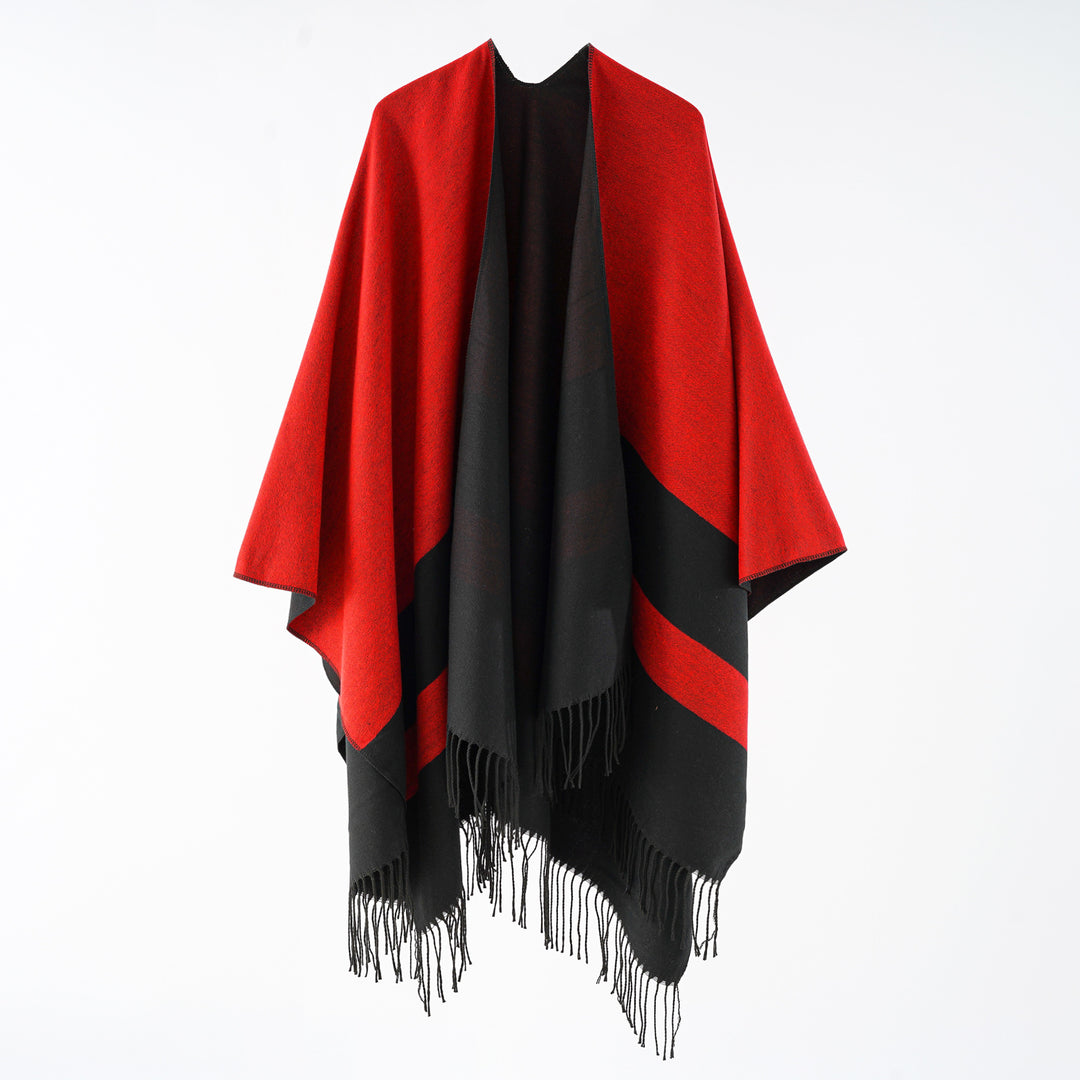 Damen Multifunktionaler Fransen‑Wickelponcho aus Wollmix mit doppellagigem Fall Drune