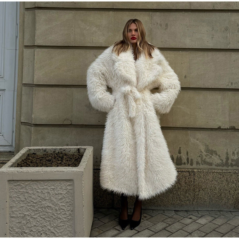 Damen Extravaganter Hochflor-Kunstpelz-Mantel mit Oversize‑Silhouette und tiefem Schalkragen Drune