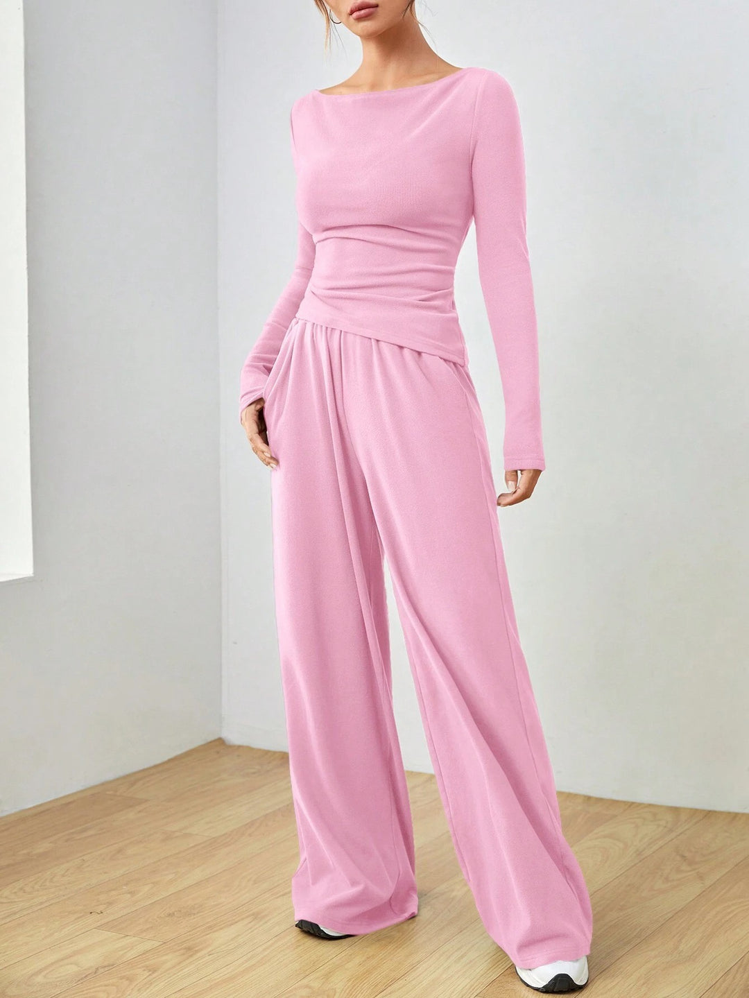 Damen Lässiges Two‑Piece Lounge‑Set mit U‑Boot‑Ausschnitt, taillierter Drapierung und weitem Palazzohose Drune