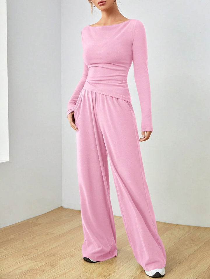 Damen Lässiges Two‑Piece Lounge‑Set mit U‑Boot‑Ausschnitt, taillierter Drapierung und weitem Palazzohose Drune