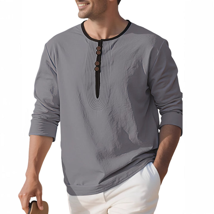 Herren nan weit geschnittenes Langarm-Kurta-Oberteil mit dekorativen Biesen und Holzknopfleiste Drune