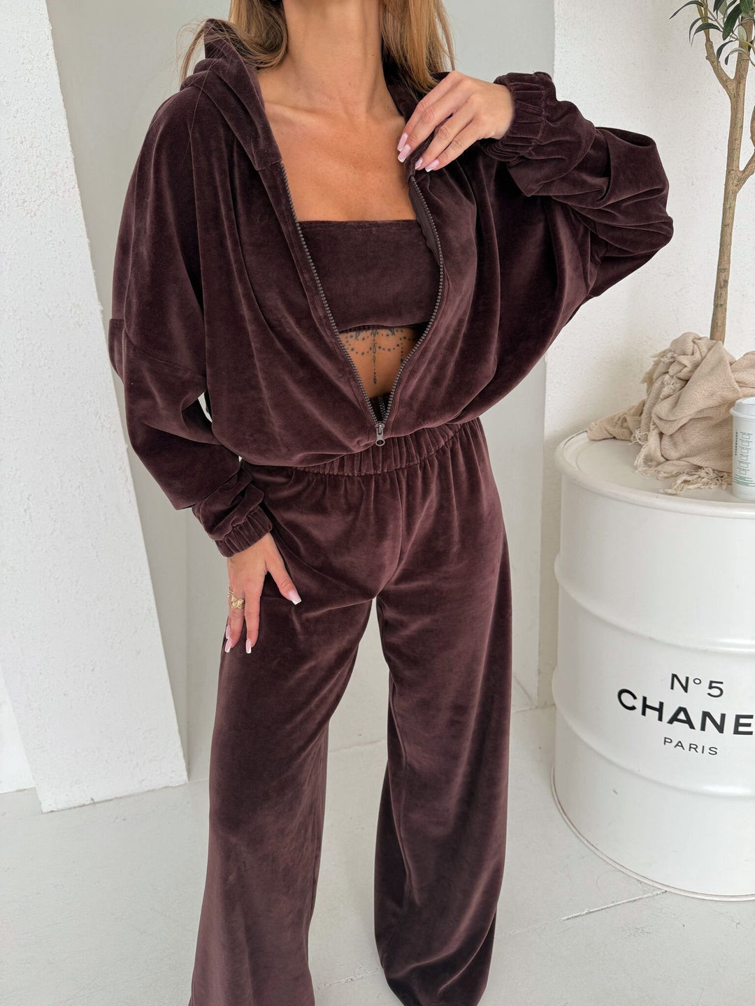 Damen Elegantes Fleece-Loungewear-Set mit weitem Oberteil und bequemen Hosen Drune