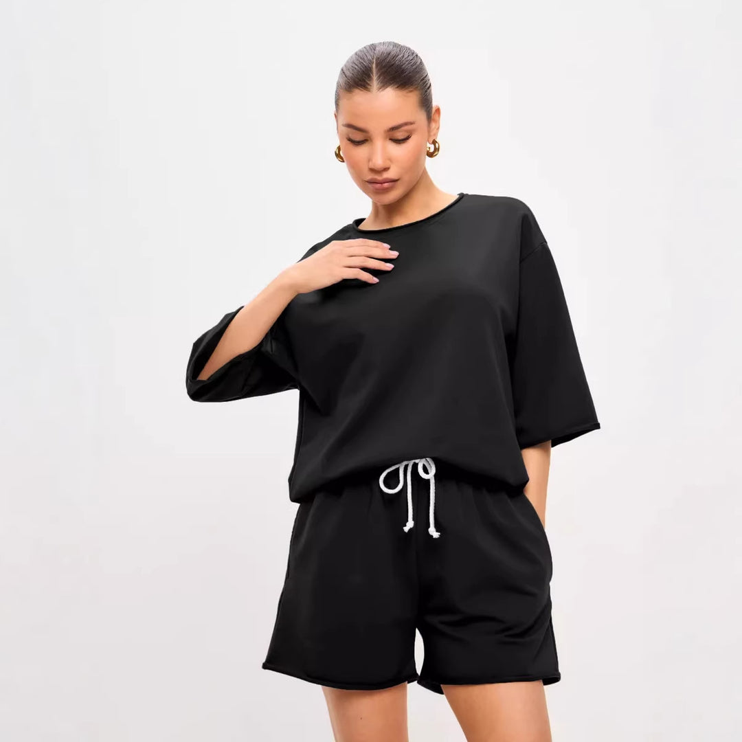 Damen lässiges Freizeitanzug-Set aus weichem Baumwollmix mit oversized T-Shirt und Shorts