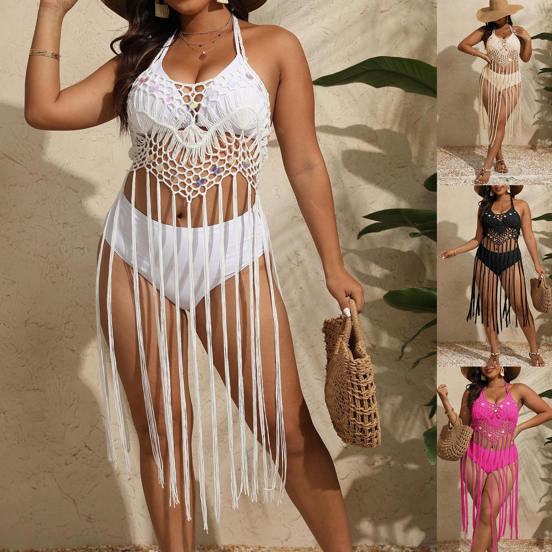 Damen gehäkeltes Bikini-Set mit fransiger Überwurf Drune