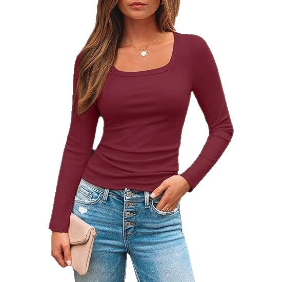 Damen Enganliegendes Langarm-Shirt mit weitem U-Boot-Ausschnitt und Stretch-Jersey Drune