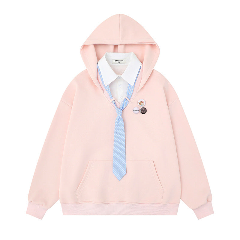 Damen Kapuzenpullover mit eingesetztem Hemdkragen und vorgebundener Krawatten-Applikation Drune