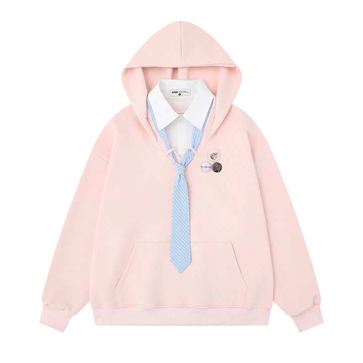 Damen Kapuzenpullover mit eingesetztem Hemdkragen und vorgebundener Krawatten-Applikation Drune