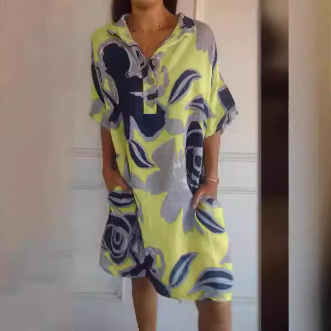 Damen luftiges Strandkleid mit modischem Muster und seitlichen Taschen Drune