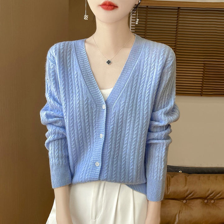Damen Kurzgeschnittener Feinstrick-Cardigan mit V‑Ausschnitt, feiner Rippenstruktur und Perlmuttknöpfen Drune