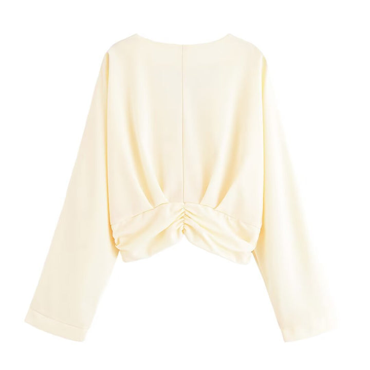 Damen legeres Blusenshirt mit Raffung und tiefem V-Ausschnitt Drune