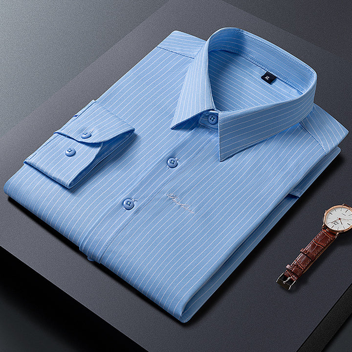 Herren Klassisches gestreiftes Business‑Hemd aus Baumwollmix mit Kentkragen und Brustlogo Drune