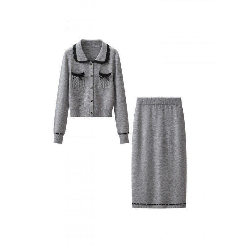 Damen Zweiteiliges Feinstrick‑Set mit kurzgeschnittenem Rüschen‑Cardigan und High‑Waist Bleistiftrock Drune
