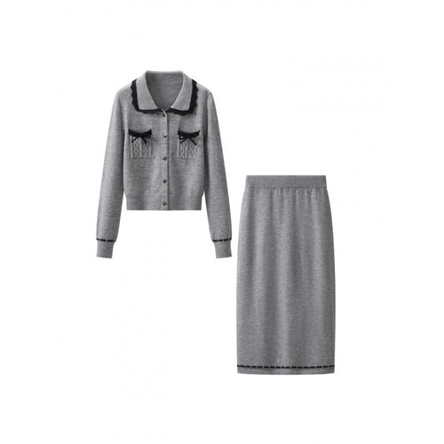 Damen Zweiteiliges Feinstrick‑Set mit kurzgeschnittenem Rüschen‑Cardigan und High‑Waist Bleistiftrock Drune