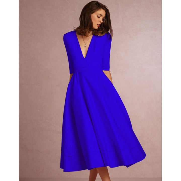 Damen Maxikleid mit tiefem V-Ausschnitt und schwingendem Rock Drune