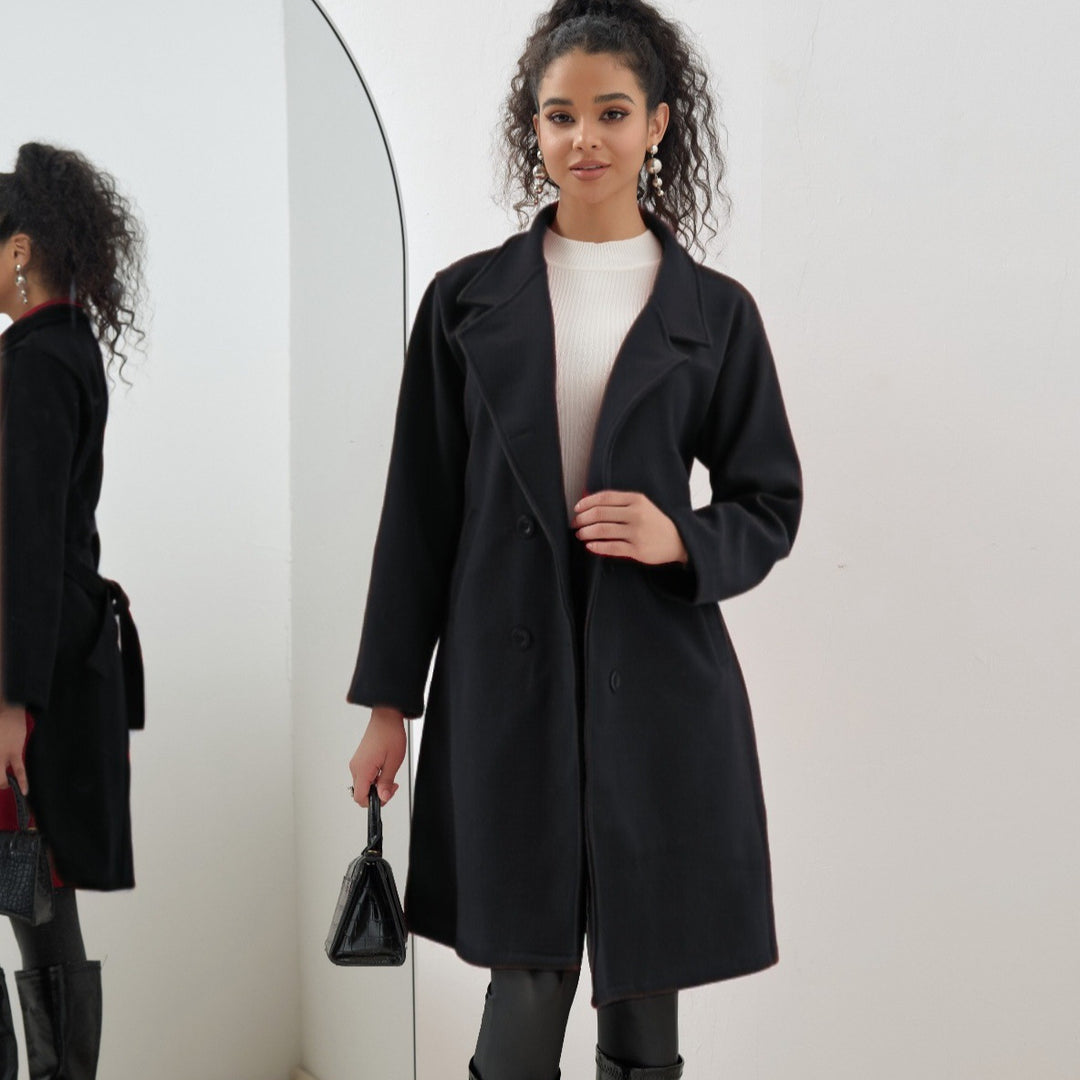 Damen Eleganter knielanger Zweireihiger Wollblend-Mantel mit Reverskragen Drune