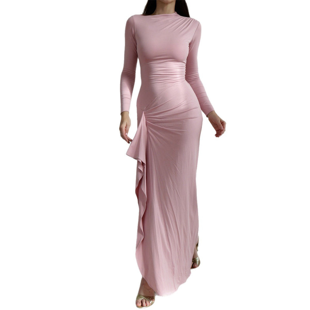 Damen nan gerafftes Maxikleid mit langen Ärmeln, taillierender Stretch-Passform und seitlichem Volant-Detail Drune
