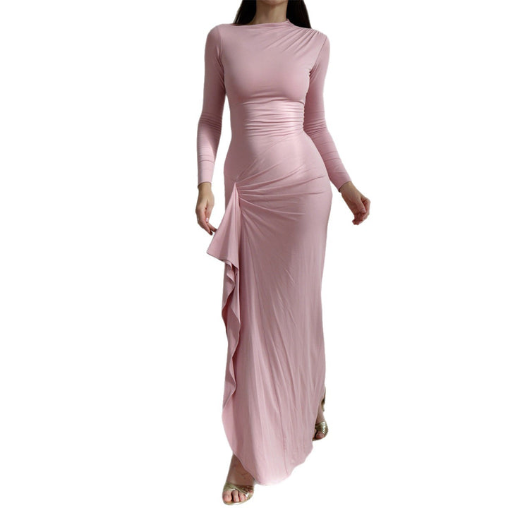 Damen nan gerafftes Maxikleid mit langen Ärmeln, taillierender Stretch-Passform und seitlichem Volant-Detail Drune