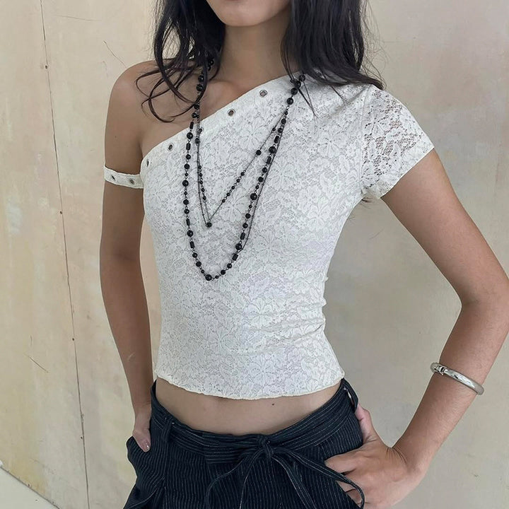 Damen elegantes Oberteil aus zarter Spitze mit kurzem Ärmel und aufregendem Design Drune