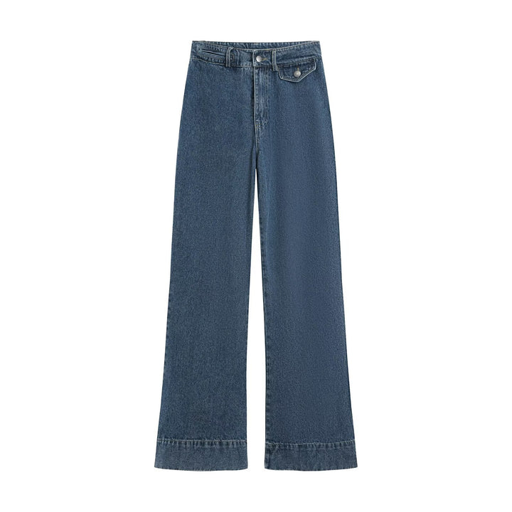 Damen Denim-Set aus boxiger Jacke mit Stehkragen und hochgeschnittener Schlaghose Drune