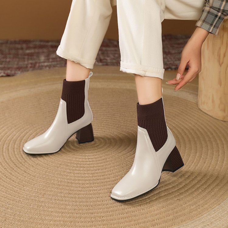 Damen Elegante Chunky Stiefeletten mit Strick-Einsatz Drune