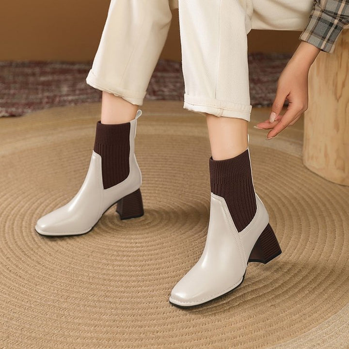 Damen Elegante Chunky Stiefeletten mit Strick-Einsatz Drune