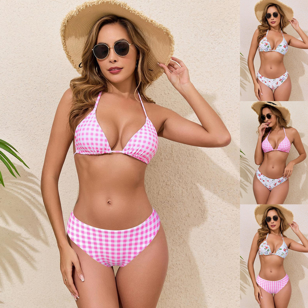 Damen Triangel-Bikini mit Floral- und Karomuster Drune