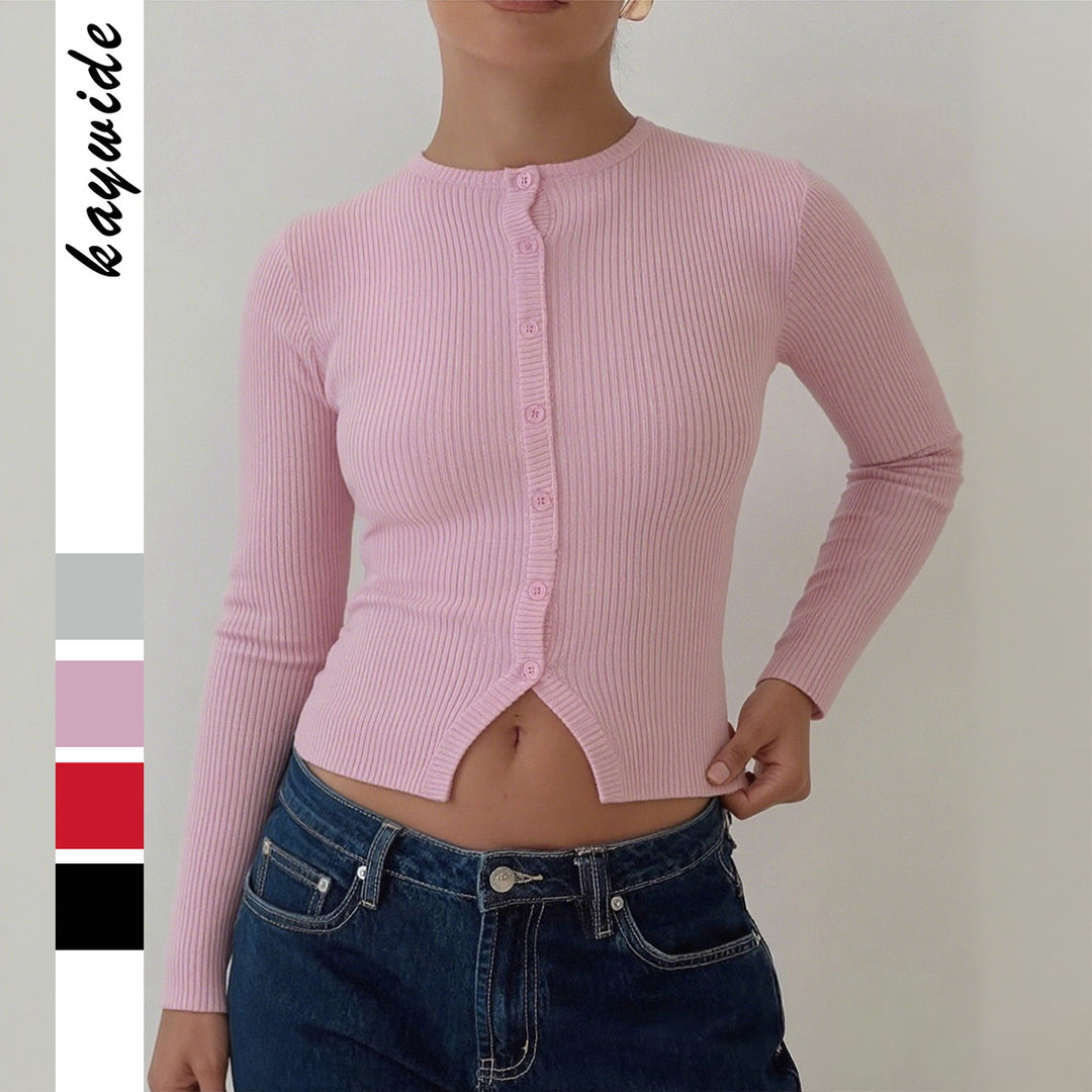 Damen nan kurze gerippte Knopfstrickjacke mit Rundhalsausschnitt, taillierter Passform und Stretchanteil Drune