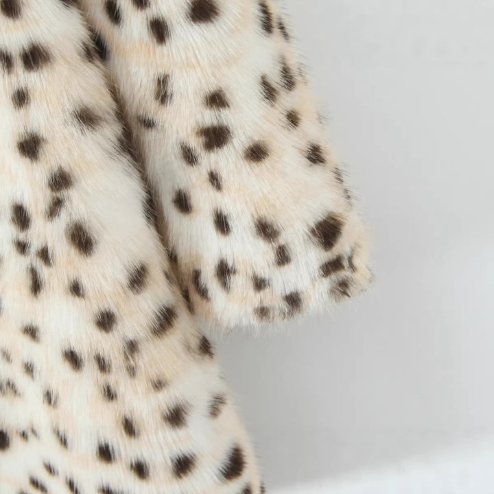 Damen Extravaganter langer Kunstpelz-Mantel mit Leopardenmuster und wärmender Fütterung Drune