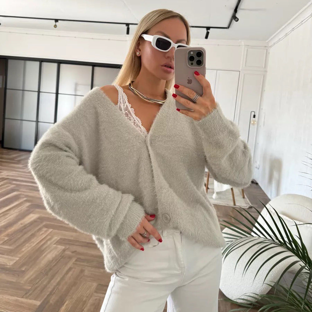 Damen Flauschige Strickjacke mit offenem Design und weichen Ärmeln Drune