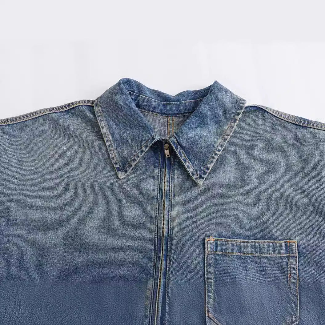 Damen nan oversized Denim-Tunika mit halbem Reißverschluss, weitem Schnitt und Brusttasche Drune