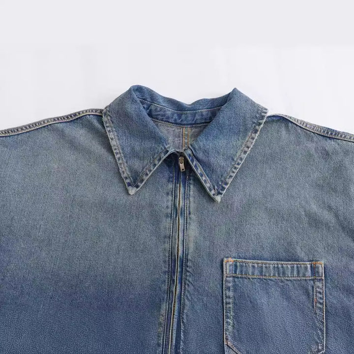 Damen nan oversized Denim-Tunika mit halbem Reißverschluss, weitem Schnitt und Brusttasche Drune