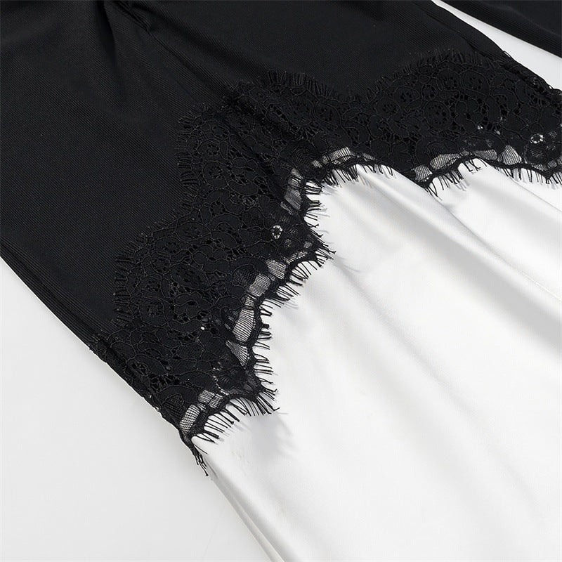 Damen Zweiton-Maxikleid mit geraffter V‑Passe, Spitzenbesatz und langen Ärmeln Drune