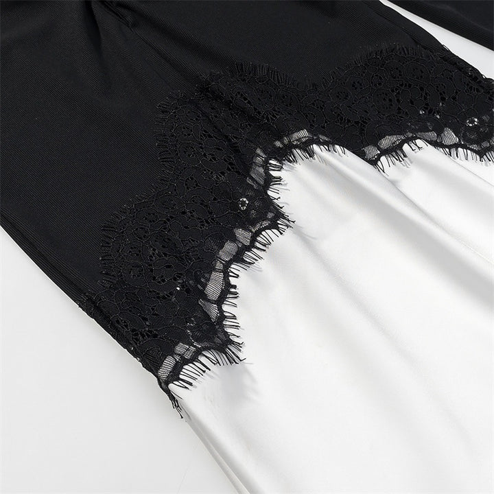Damen Zweiton-Maxikleid mit geraffter V‑Passe, Spitzenbesatz und langen Ärmeln Drune