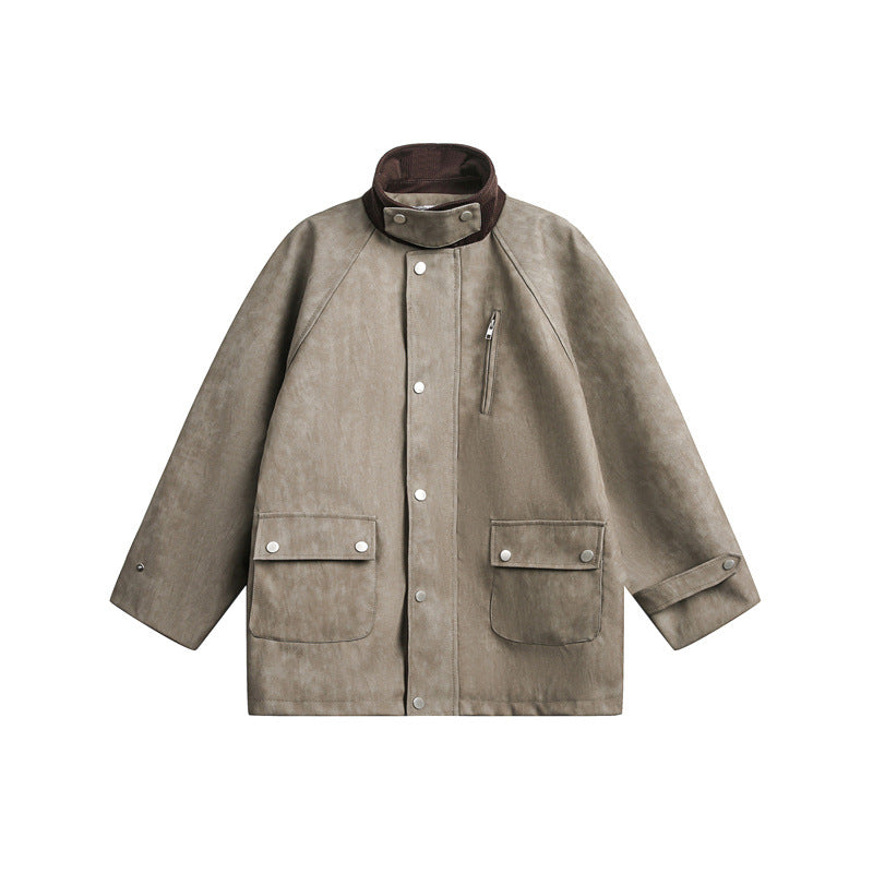 Unisex Kurz geschnittene Boxy Velours-Utility-Jacke mit Stehkragen und Pattentaschen Drune