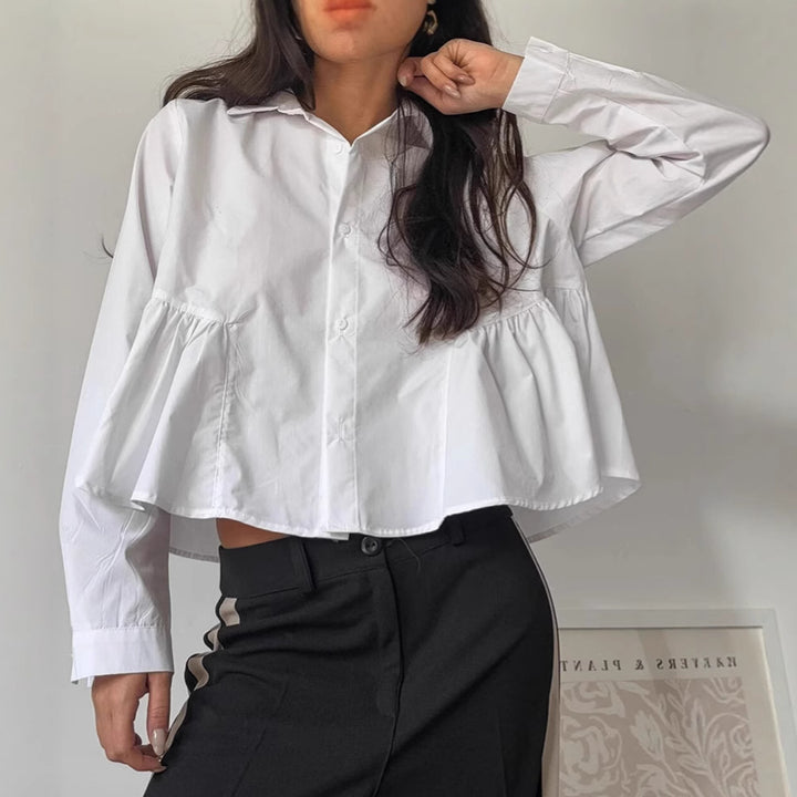 Damen Modische Kurzbluse mit voluminösen Rüschendetails und eleganten Knopfverschluss Drune