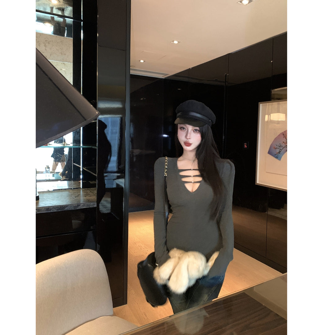 Damen elegantes Langarmshirt mit V-Ausschnitt und modischer Raffung Drune